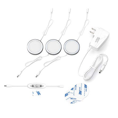 EShine Under Cabinet LED Puck Lights with Dimmer Switch, Dimmable, 3 Pcs, White Round Under Counter Lights for Kitchen, Garage, Office, Desk - Cool White (6000K) - color: Cool White (6000K), size: 3 pack