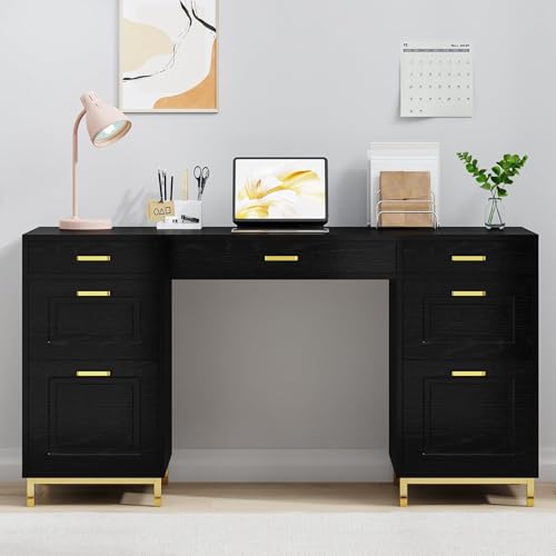 MaverickFurni Black Computer Desk with 7 Drawers, 57 Inch Home Office Desk with File Drawers, Wood Modern Desk with Storage for Bedroom, Executive Desk with Golden Legs and Handles, Black and Gold - color: Black