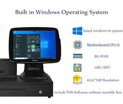 A3 Touch Cash Register for Small Businesses with MSJ POS-Software+Thermal Receipts Printer+Cash Drawer+BarcodeScanner - color: SET04