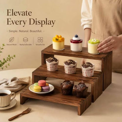 Set of 3 Wooden Display Risers, Tiered Display Stand, Shelf Risers for Table Display, Small Wood Display Shelf - color: Cranberry