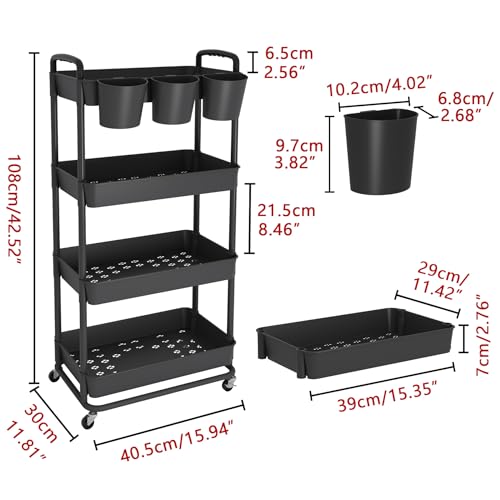 4-Tier Plastic Rolling Storage Cart Utility Cart with Extra Hanging Cups Handles Lockable Wheels for Living Room Bathroom Kitchen Office Black | Utility Cart with Extra Hanging Cups Arc-Shaped Handles Lockable Wheels for Living Room Bathroom Kitchen Offic