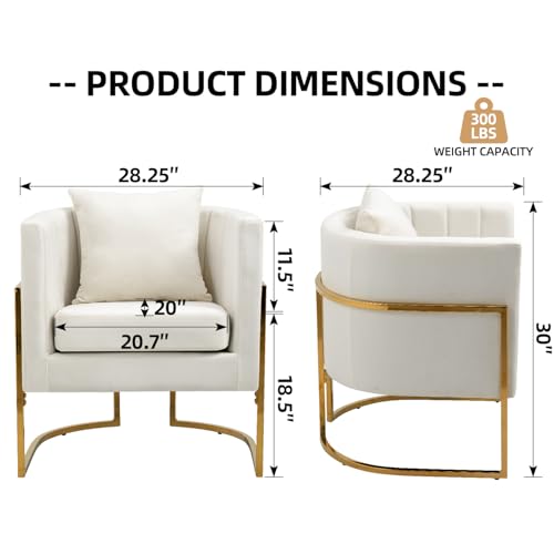 Velvet Accent Barrel Chairs Set of 2, Modern Arm Club Chair Set with Pillow for Living Room/Bedroom/Guest Reception, Channel Tufted, Gold Finish Base, White - color: Beige, size: 2 PCS