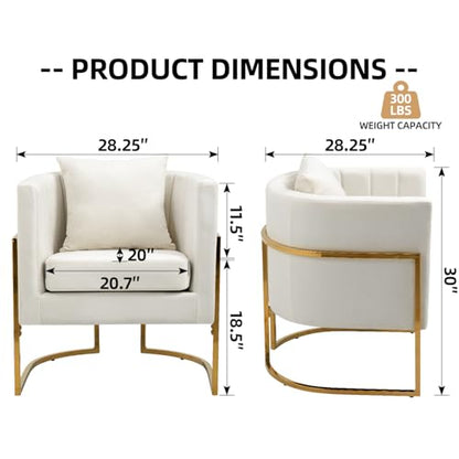 Velvet Accent Barrel Chairs Set of 2, Modern Arm Club Chair Set with Pillow for Living Room/Bedroom/Guest Reception, Channel Tufted, Gold Finish Base, White - color: Beige, size: 2 PCS