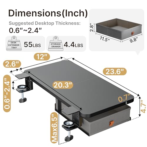 PEGZONE Desk Extender Tray, 24" x 12", with Storage Drawer, Medium, Black - color: Black, size: Medium