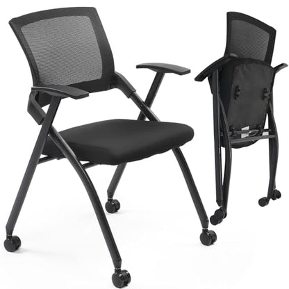 Waiting Room Reception Chairs,1 Pack Stackable Conference Room Chairs with Wheels, Folding Office Chair with Rebound Back, Padded Seat for Guest, Reception, Event, Capacity 350lbs