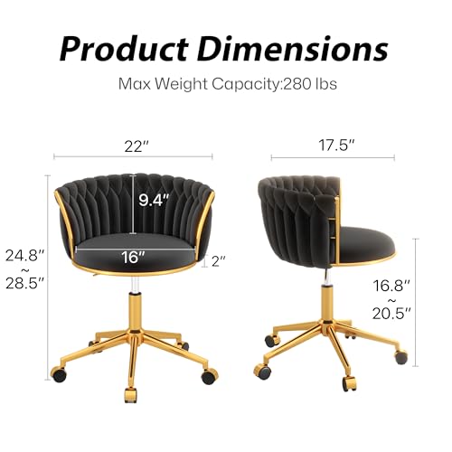 HENGJIANYI Velvet Woven Home Swivel Vanity Desk Chair with Gold Base, Black | Modern Height Adjustable Office Chair with Metal Base and Hand Weaving Back Wheels for Bedroom Study Small Space girl women - color: Black