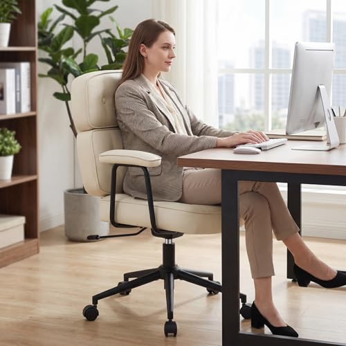 Ergonomic Leather Office Chair, High Back Executive Desk Chair | Comfy Lumbar Support, Padded Arms, Adjustable Height, 360° Swivel Rolling Computer Chairs for Home Office, Beige - color: Beige