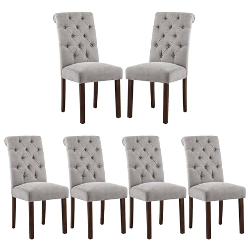 COLAMY Button Tufted Dining Chairs Set of 6, Parsons Upholstered Fabric Dining Room Chair Kitchen Chairs with Wood Legs and Padded Seat, Light Grey - color: Light Grey, size: set of 6