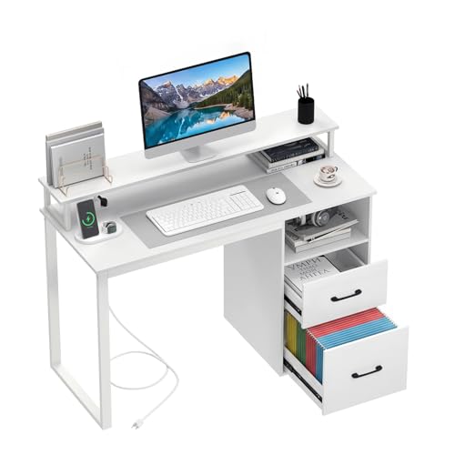 Tangkula Home Office Computer Desk w/Power Outlets | Modern Writing Desk w/Storage Drawers & Shelves, PC Laptop Desk w/Monitor Stand, School Study Work Table for Small Spaces