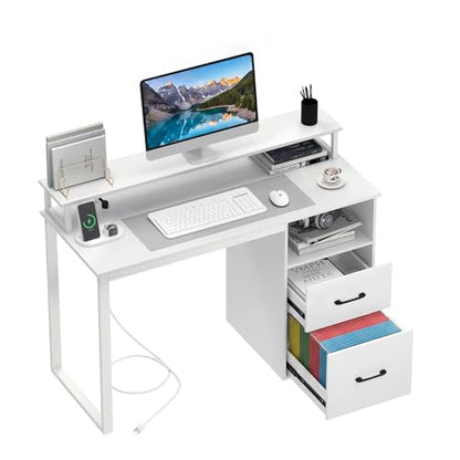 Tangkula Home Office Computer Desk w/Power Outlets | Modern Writing Desk w/Storage Drawers & Shelves, PC Laptop Desk w/Monitor Stand, School Study Work Table for Small Spaces