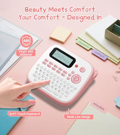 D210S Label Maker Machine with Tapes, Pink Label Maker Waterproof-Labels, Desktop Labeler with 4PK Tapes Laminated White for Home Kids School Supplies, Keyboard Labeler with 16 Fonts 800+ Icons - color: Pink, style: label maker with 4 tapes