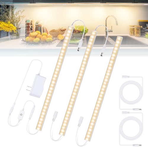 3PCS x 12inch Under-Counter Light Fixtures, LED Cabinet Lights with Memory Function, Warm White 3000K Desk Lighting, Slim Under Cupboard Lighting for Kitchen, Desk, Shelf - color: Warm White, size: 3*12 Inch - with Plug