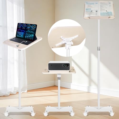 Rolling Book Stand with Wheels for Reading, Floor Standing Book Holder with Page Clips, 19"–51" Height Adjustable, Sturdy Podium Stand for Reading, Bible, Laptop, Cookbooks, or Projector - size: White with roller