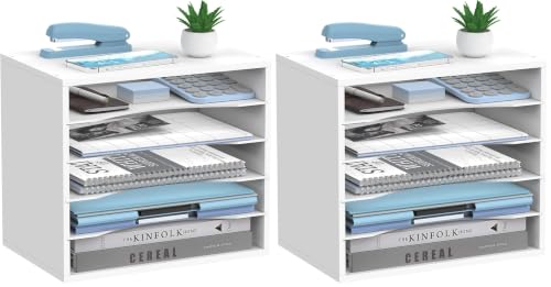 5-Tier Wood Desk Organizer, Paper Tray Organizer for Desk with Adjustable Storage Shelves, Desktop Mail Organizer and Paper Sorter Mail Holder for Office Home Classroom, White (Pack of 2) - color: White, size: 5 Tier (Pack of 2)