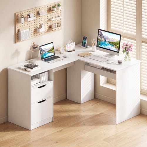 Tangkula 59” L-Shaped Executive Desk w/Power Outlets, Home Office Desk - color: White