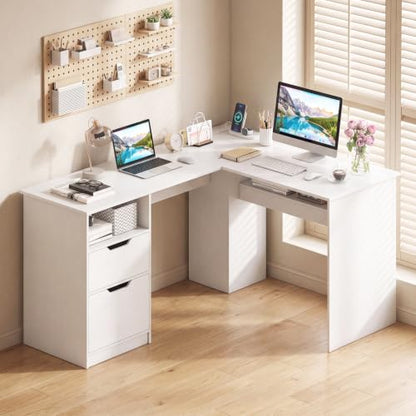 Tangkula 59” L-Shaped Executive Desk w/Power Outlets, Home Office Desk - color: White