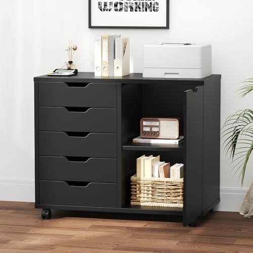 OLIXIS 5-Drawer Rolling Mobile File Cabinet Wood Printer Stand with Storage | Under Desk Storage with Locking Casters Adjustable Shelf, Wood Top 100 lbs Capacity for Home Office Organizer Compact, Black