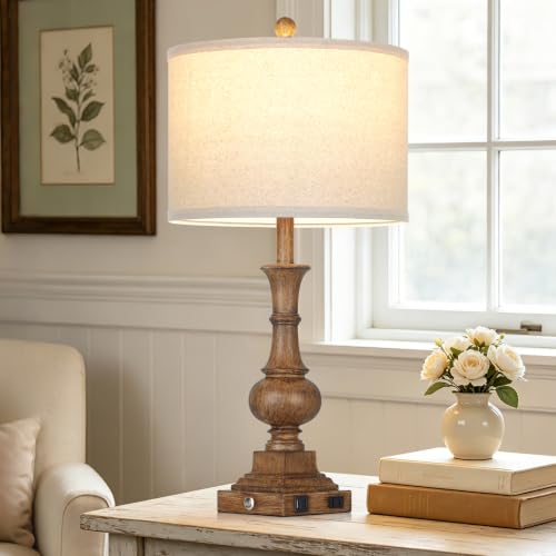 Cinkeda 26" Tall Farmhouse Table Lamp,Bedside Lamps for Bedroom | Antique Brown,USB A/C Charging Ports & AC Outlet,3-Way Dimmable Touch Control,Vintage Rustic,Living Room,Nightstand,End table - color: Brown - 26"H - 1 Pack