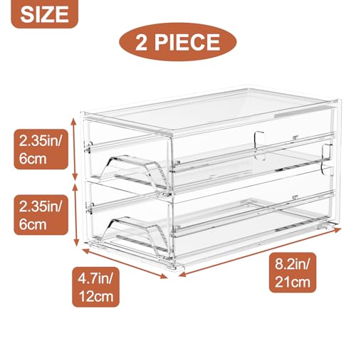 Clear Acrylic Desktop Organizer Drawers - Stackable Plastic Storage for Makeup, Craft Supplies, and Office Stationery - Transparent Vanity Cabinet & Aesthetic Desk Declutter Unit (Pack of 2) - size: 4.4” L x 8”W x 2” H (Pack of 2)