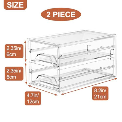 Clear Acrylic Desktop Organizer Drawers - Stackable Plastic Storage for Makeup, Craft Supplies, and Office Stationery - Transparent Vanity Cabinet & Aesthetic Desk Declutter Unit (Pack of 2) - size: 4.4” L x 8”W x 2” H (Pack of 2)