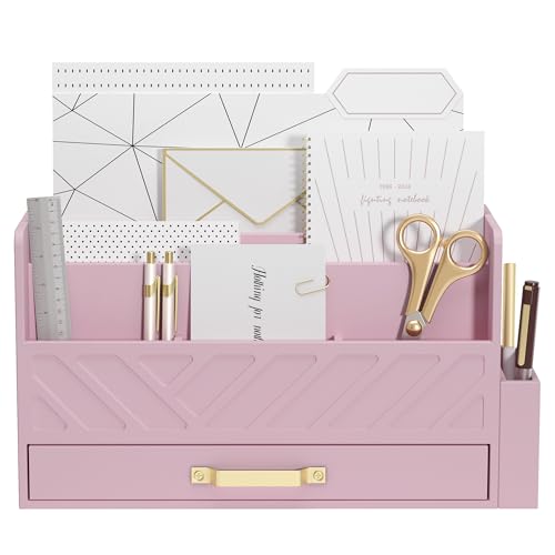 Bamboo Mail Organizer Countertop Pen Holder Wooden Desktop Storage Drawers | Wood Desk Drawer,Letter Sorter,Makeup Organizer,Bill Mail Organizer,5 Slot Desk File Organizer for School Home Office Supplie - color: Pink with Pen Holder