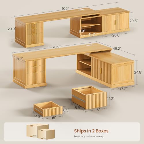 SEDETA Fluted 70.9" L Shaped Desk with Drawers, Fluted Oak | Home Office Desk with Storage Cabinet and Storage Shelves,L Shaped Computer Desk with Power Outlet - color: Fluted Oak, size: 70.9" L Shaped Desk
