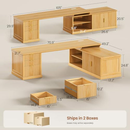 SEDETA Fluted 70.9" L Shaped Desk with Drawers, Fluted Oak - color: Fluted Oak, size: 70.9" L Shaped Desk