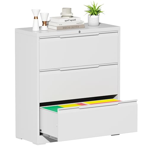 Bestoo 3 Drawer File Cabinet, Metal Lateral Filing Cabinet with Lock - color: White, size: 3 Drawer 15.7"D x 35.4"W x 40"H