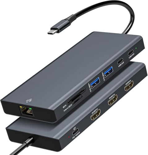 4K60Hz Laptop Docking Station 3 Monitors, USB C Hub with 3 HDMI, RJ45 Ethernet, 2 USB-C 3.2/A 3.0, SD Card, 100W PD SD/microSD for Dell/HP/Lenovo - color: Gray