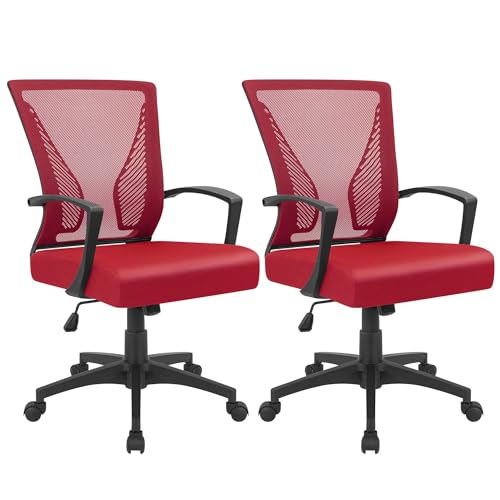 Furmax Office Chair Ergonomic Computer Desk Mesh Chair Mid Back Swivel Lumbar Support with Armrest (2, Red) - color: Red