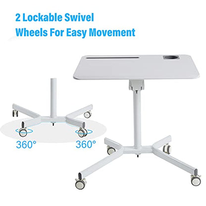 Lipo Mobile Sit Stand Desk - Height Adjustable Standing Laptop Desk Cart Rolling Couch Table on Wheels White Workstation with Gas Spring Riser for Home Office Classroom