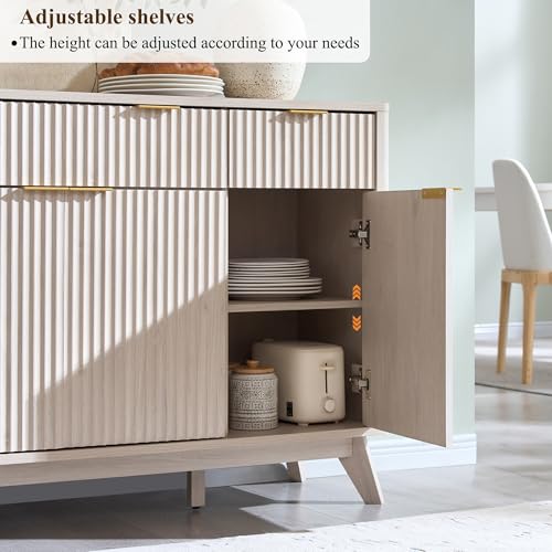 T4TREAM 60 Inch Fluted Buffet Sideboard Cabinet, White Alder | Modern Coffee Bar Storage Cabinet With 3 Drawers & 4 Doors, for Dining Room, Living Room, Hallway, Adjustable shelves - color: White Alder