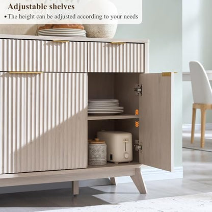T4TREAM 60 Inch Fluted Buffet Sideboard Cabinet, White Alder | Modern Coffee Bar Storage Cabinet With 3 Drawers & 4 Doors, for Dining Room, Living Room, Hallway, Adjustable shelves - color: White Alder