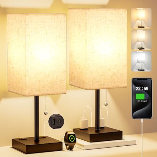 Bedside Lamp for Bedroom Set of 2 - Table Lamp for Nightstand | USB A+C Ports, AC Outlet, 3 Color Temperatures, LED Bulb Included, Pull Chain, 17" Rectangular Desk Lamp for Dorm, 2-Pack - color: Cream, size: 17.4In