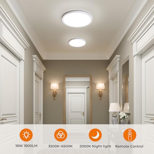 Matane Flush Mount Ceiling Light Fixture with Remote Control, Nightlight 8.7 Inch 18W 3000K-6500K Adjustable, Led Low Profile Ceiling Lights for Bedroom, Living Room,Dining Room, Kitchen, Round White - color: White, size: 8.7 Inch