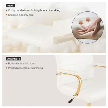 Office Desk Chair,Modern Leather Conference Room Chairs,High Back Home ofiice Chair,Adjustable Height Swivel Executive Computer Chair with Armrest and Padded Seat,White/Gold - color: White/Gold Frame