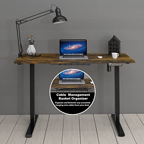 SHW 48-Inch Electric Height Adjustable Sit to Stand Desk, Rustic Brown | with Hanging Hooks and Cable Management, Black Frame and Rustic Brown Top - color: Rustic Brown, size: 48-Inch