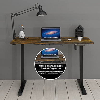 SHW 48-Inch Electric Height Adjustable Sit to Stand Desk, Rustic Brown | with Hanging Hooks and Cable Management, Black Frame and Rustic Brown Top - color: Rustic Brown, size: 48-Inch