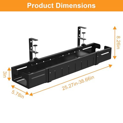 REALINN Under Desk Cable Management Tray Black | Expandable 25.27"-38.66", Sturdy Steel Desk Cord Hider Raceway for Office/Home