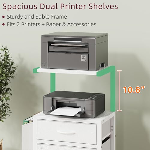 HIGDBFE File Cabinet with 2 Fabric Drawers & Dual Shelves, White | 2-Tier Printer Storage, Letter File Drawer, Reversible Side Bag, Smooth Drawer Slides, Rolling Support Board Prevent Collapse - color: White