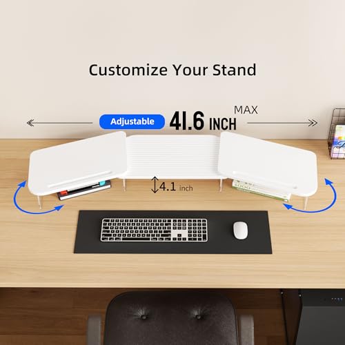 AFOOYO LED Dual Monitor Stand Riser for 2 Monitors,Office Desktop Wooden Stand Adjustable Length and Angle 3 Shelf,Extra Long Multifunctional Stand up to 39.3" for Computer,Laptop,TV,White