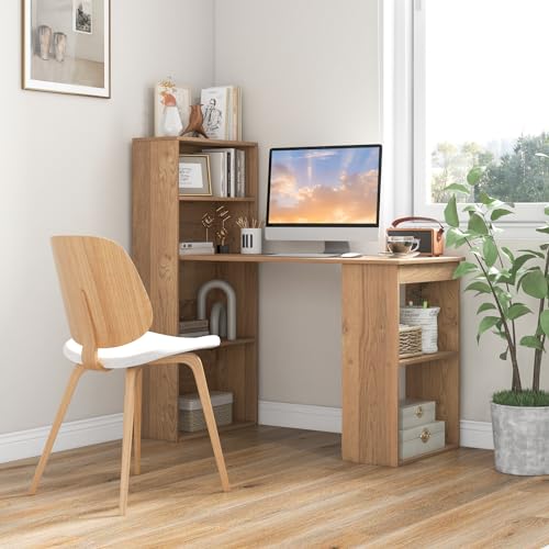 GIANTEX 48 Inch Computer Desk with Bookshelf, 3-in-1 Home Office Desk with 4-Tier Bookcase & CPU Stand, Space-Saving Reversible Writing Desk Work Table for Bedroom, Study Room, Office (Natural) - color: Natural