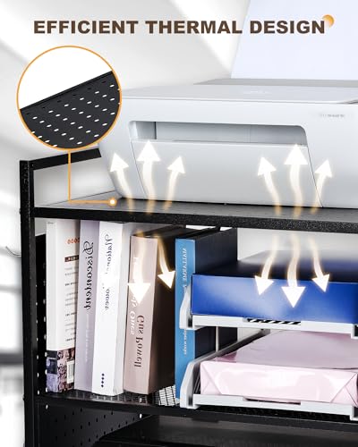 Mythinglogic 3-Tier Rolling Printer Stand with Pegboard and File Holder | Metal cart with adjustable shelves and locking wheels for printers, scanners, paper, craft tools and classroom supplies - color: Black