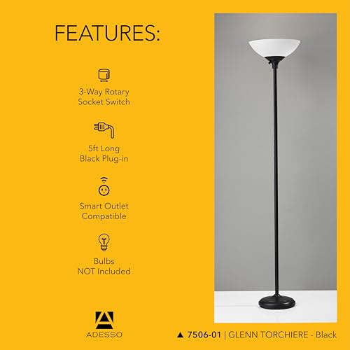 Adesso Dual-Socket Floor Lamp, Black & Frosted White, 3-Way, 71” - color: Black
