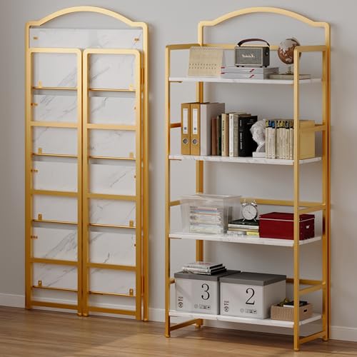 JSB 4 Tier No Assembly Folding Bookshelf, Arched Bookshelf, Foldable Bookcase for Living Room, Bedroom, Office,Skinny Bookshelf (White and Gold) - color: White and Gold, size: 4-Tier