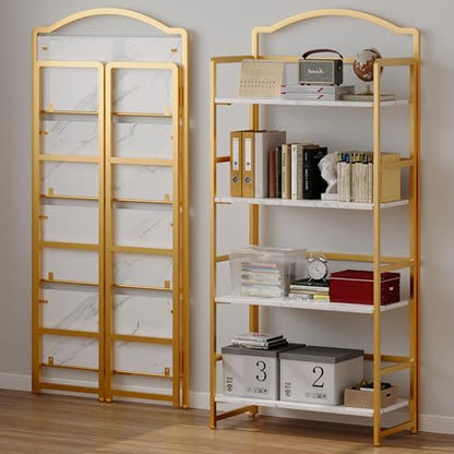 JSB 4 Tier No Assembly Folding Bookshelf, Arched Bookshelf, Foldable Bookcase for Living Room, Bedroom, Office,Skinny Bookshelf (White and Gold) - color: White and Gold, size: 4-Tier