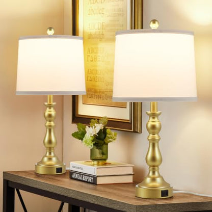 Gold Table Lamps Set of 2, Gold Lamps for Bedroom, USB C+A Ports - color: F. White Shade & Gold Base