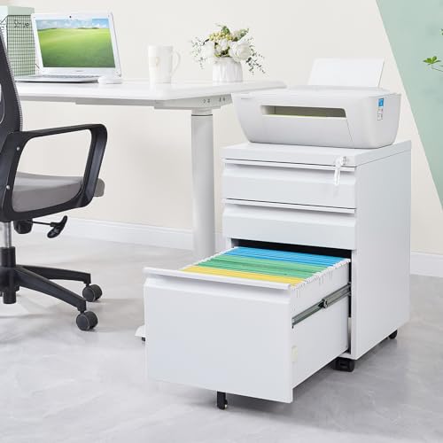 3 Drawer Mobile Locking File Cabinet,Anti-tilt Design Metal Vertical Filing Cabinet,Rolling Desk Filing Cabinet fits Letter/Legal Size for Home Office (White) - color: White, style: 3A