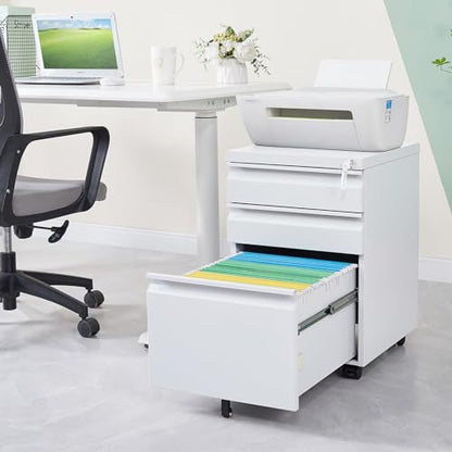 3 Drawer Mobile Locking File Cabinet,Anti-tilt Design Metal Vertical Filing Cabinet,Rolling Desk Filing Cabinet fits Letter/Legal Size for Home Office (White) - color: White, style: 3A