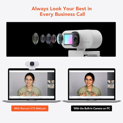 NUROUM V15AF 2K Webcam for PC, 1080p 60FPS AutoFocus Web Camera with Microphone, Privacy Cover and Mute, 75°FOV Dual Microphone USB FHD Computer Camera, Plug and Play for Zoom/Skype/Teams, White - style: V15AF-White